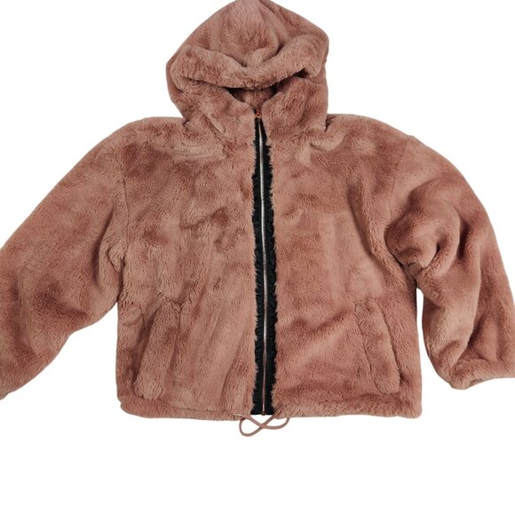 Lucky Brand L Womens Pink Faux Fur Hooded Jacket Rose Gold Zip Plush Cozy Warm - Picture 3 of 11